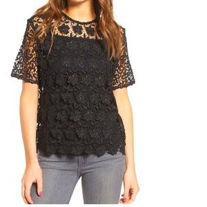 NWT Sincerely Jules Black Sheer Floral Lace Short Sleeve Blouse Sz M